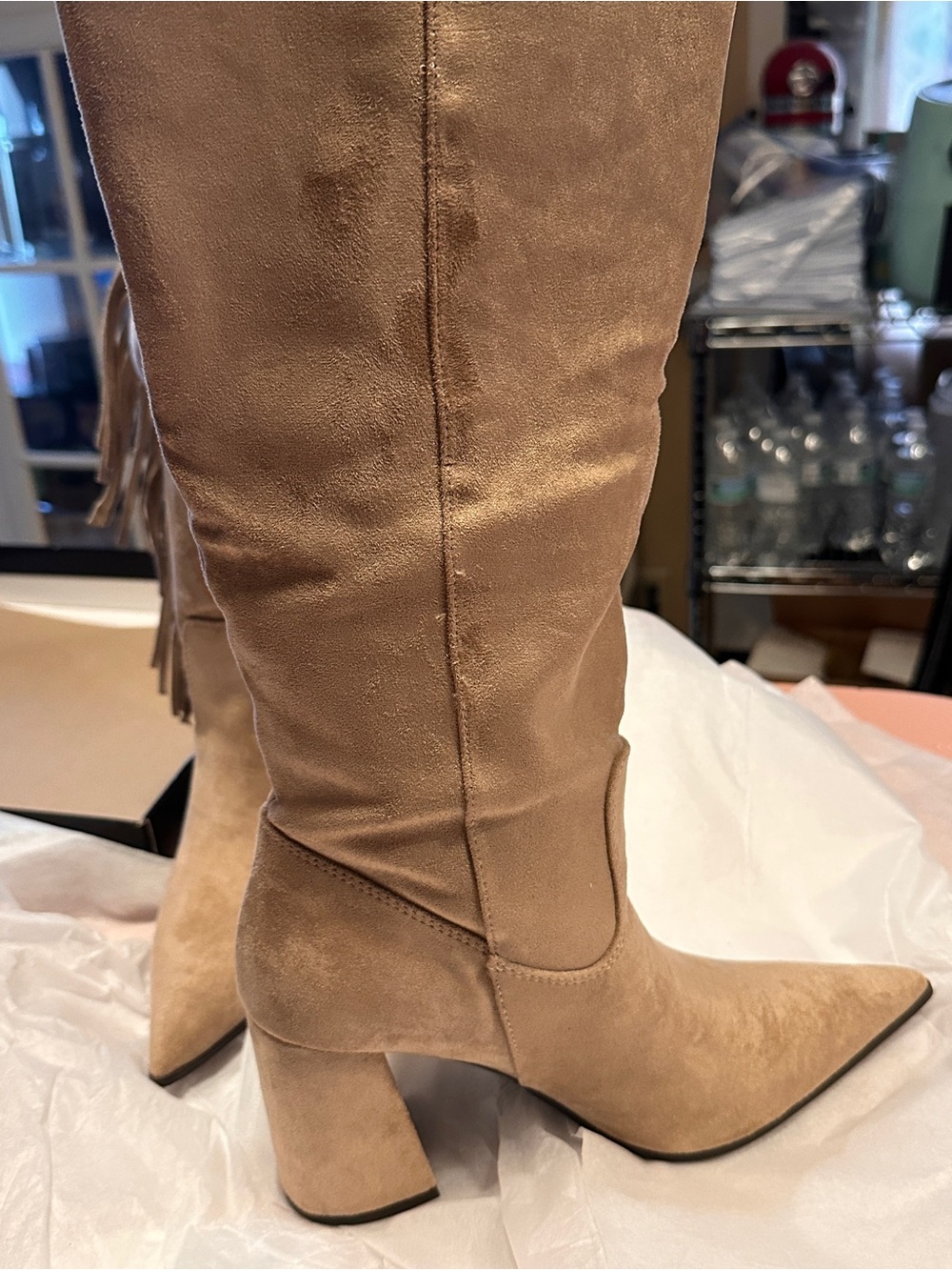 NWT Madden Girl Beige Shakke Fringe Knee-High Block Heel Boots - Picture 9 of 13
